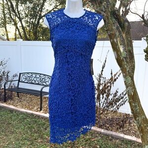 bebe Cobalt Blue Lace Dress – Sleeveless Floral Crochet | Size 2 NWT